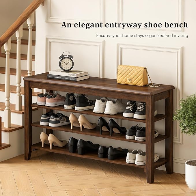 Taitiy Shoe Bench Storage Rubberwood, Entryway Bench with 3-Tiers Height Adjustable, Shoe Rack Front Door Entrance Organizer for Hallway Living Room, Mudrooms, Walnut,39.4"