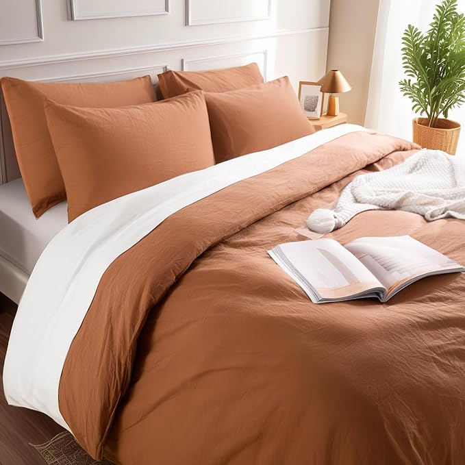 NEXHOME PRO Duvet Cover Set 100% Washed Cotton Full Size Linen Feel Textured Organic Natural 3 Pieces Bedding Set Terracotta Burnt Orange with Zipper Closure, Corner Ties Breathable (No Comforter)