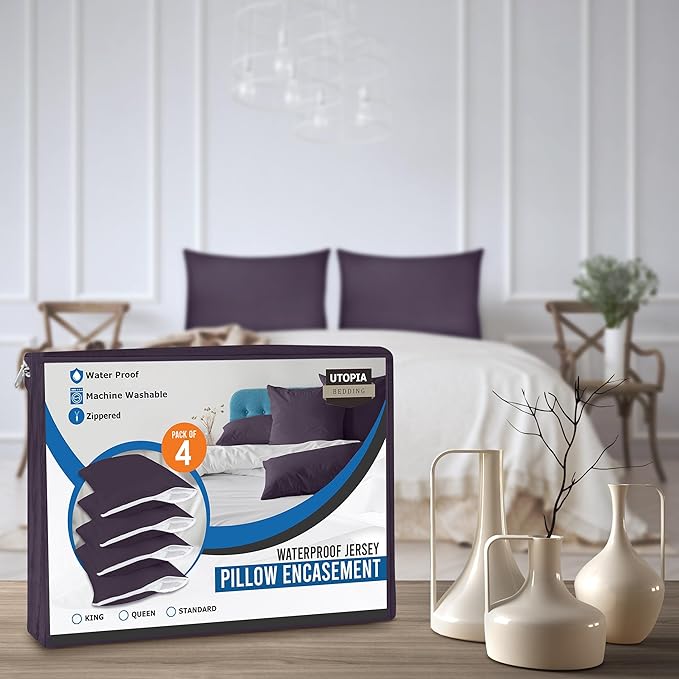 Utopia Bedding Premium 100% Waterproof Pillow Protectors with Zipper Queen Size (Set of 4), Bed Bug and Dust Mite Proof Zippered Pillow Covers, Pillow Encasement Cases, Purple