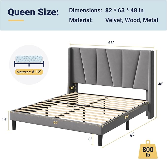 Allewie Queen Size Platform Velvet Bed Frame with Geometric Wingback Headboard, Boho Upholstered Bed with Wooden Slats Support, No Box Spring Needed, Easy Assembly, Light Grey