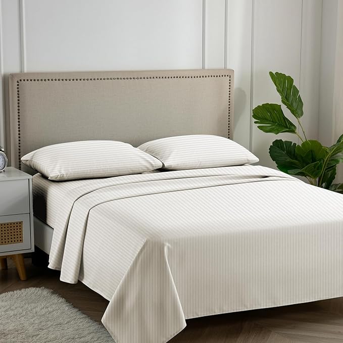 Carressa Linen Luxury Egyptian Cotton California King Stripe Sheet Set - 600 Series Hydrangeas Collection Long Staple (4 PC, Ivory), Cal King Upto 18 in Deep Pocket, Soft Cooling Sateen Sheets