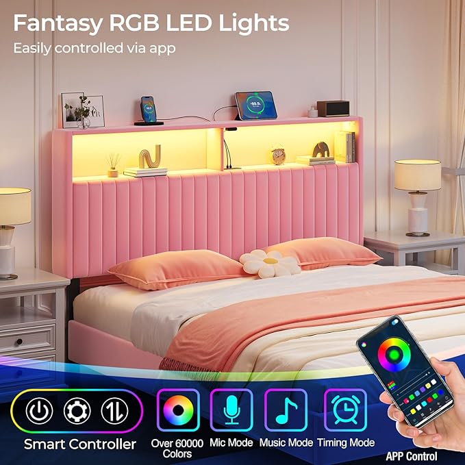 Rolanstar Headboard for Queen Size Bed with Storage, Head Board with USB & Type C Port, 60,000 DIY Color of LED Light, Velvet Upholstered, Height Adjustable, Sturdy, Easy Assembly, Pink