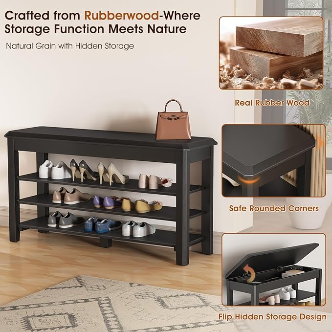 IUNVR Shoe Rack Bench Seat Rubberwood 3-Tier Wooden Storage Bench 550lbs Compact Mid-Century Modern Design for Entryway, Hallway, Closet, Front Door Entrance, Foyer