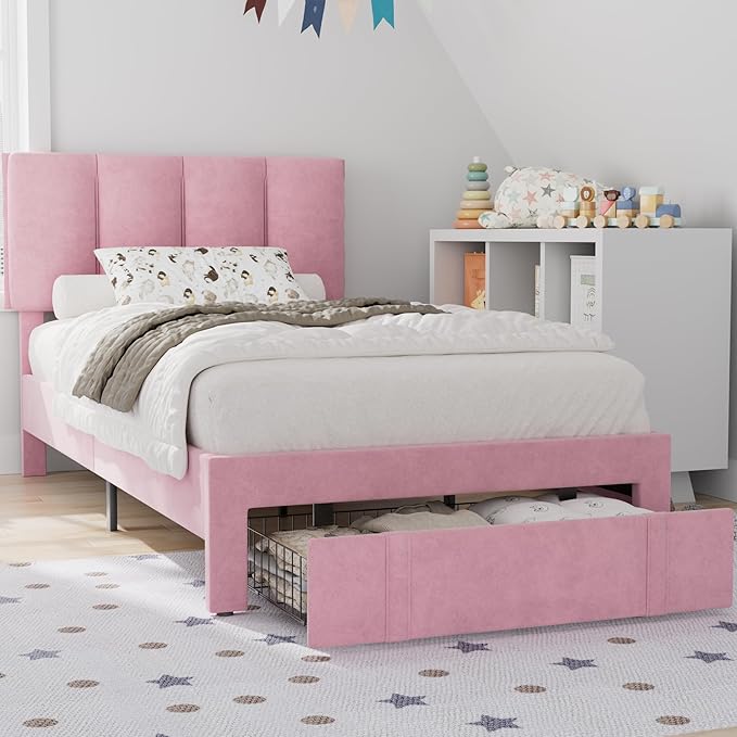VECELO Twin Size Bed Frame with Storage Drawer, Heavy-Duty Bedframe with Tufted Headboard & Wooden Slats & Steel Framework, No Box Spring Needed, Pink