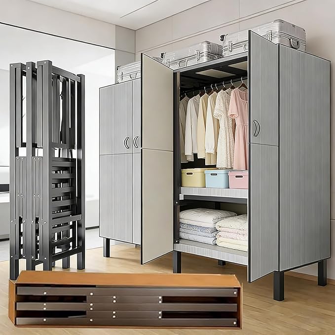 Freestanding Heavy Duty Wardrobe Closet with Magnetic Door, Portable Metal Closets, Foldable Wardrobecloset Organizers and Storage, for Bedrooms, Apartments, and Tenant (Gray, 66.1in)
