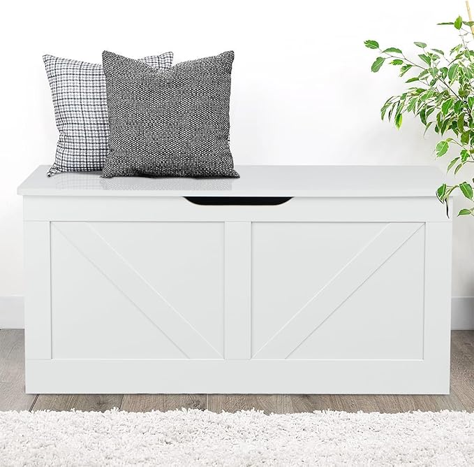 Timberer 39.4" Storage Chest, Wooden Storage Bench, Large Storage Trunk with 2 Safety Hinges, Entryway Shoes Bench for Living Room, Bedroom, White