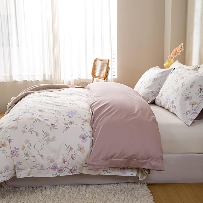 OAITE Duvet Cover Set King Size Floral Pattern Ultra Soft 100% Cotton Duvet Cover Sets 3-PC, Breathable Duvet Cover with Zipper Closure & Corner Ties(2 Pillow Shams,1 Duvet Cover)
