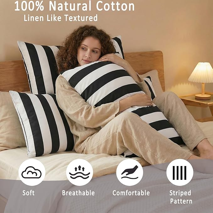 Merryword Body Pillow Cover 20x54inches, 100% Cotton Pillow Case, Black and White Striped Pillowcase, Luxury Linen Like Pillowcase, Soft Breathable Wide Stripes Long Pillowcase, 1-Piece