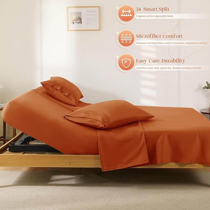 Manyshofu 4 Piece Split Head King Sheets Sets for Adjustable Bed Sheet, Flex Head Split Top King Sheets Burnt Orange Sheet Set - 1800 Thread Count Bedding Set with 14-16 Inch Deep Pockets