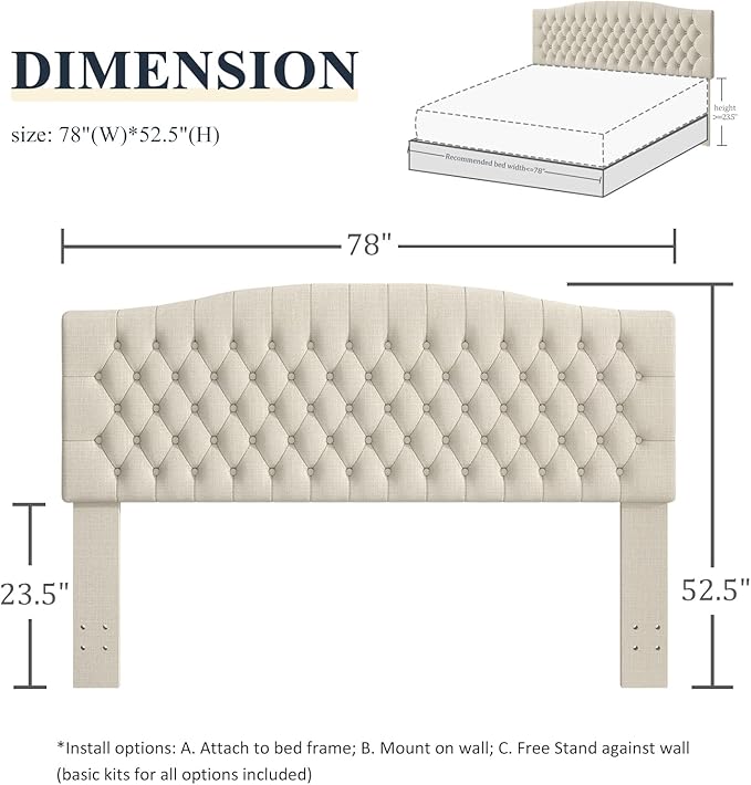 Befurtori King Headboard Only, Upholstered Headboard King Size for Adjustable Bed Linen Tufted Wall Mounted Head Board with Solid Wood Legs, Ivory