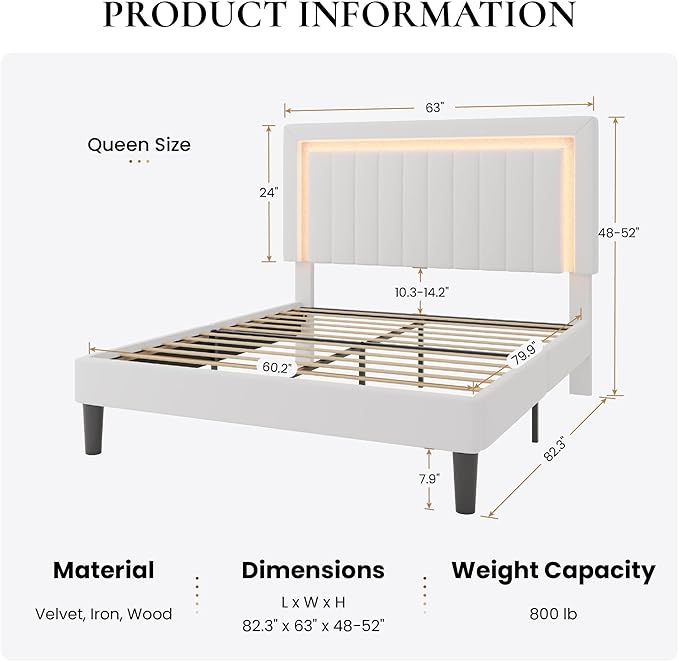 SHA CERLIN Queen Size Velvet Bed Frame with LED Light, Adjustable Vertical Channel Tufted Headboard, Strong Wooden Slats Support, Noise-Free, No Box Spring Needed, White