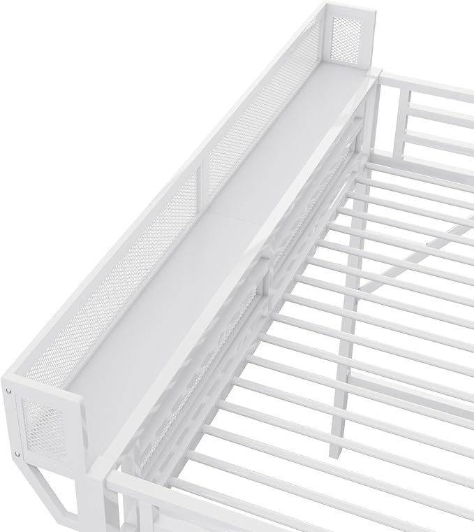 SOFTSEA Metal Loft Bed Storage Shelves, Twin XL Size Loft Bed Frame with Wardrobe, High Loft Beds with Stairs and Guardrail for Kids Bedroom, No Box Spring Needed, White