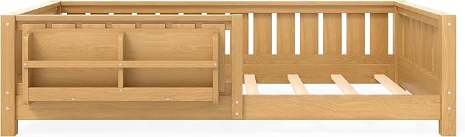 Bellemave Twin Size Kids Montessori Bed with Bookshelf,Solid Wood Twin Floor Bed Frame with Fence and Slats for Girls Boys,Low-Profile,Light Natural
