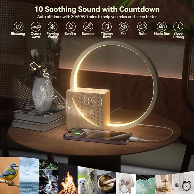 Vivilumens Sunrise Alarm Clock for Heavy Sleepers Adults, Wake-up Light, Sleep Aid 10 White Noise Sound Machines with 30/60/90 Timer, 3 Level Dimmable Touch Table Lamp with Snooze USB Charger Port