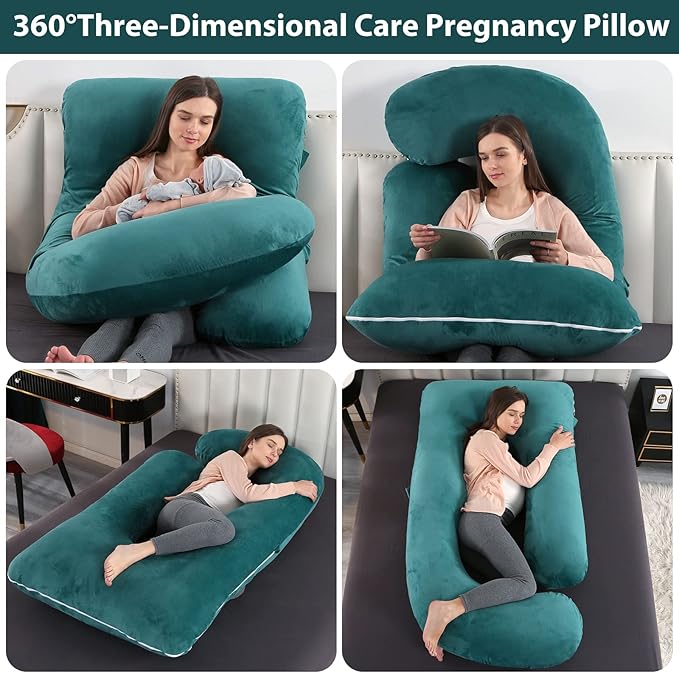 U-Shaped Full Body Pregnancy Pillow for Sleeping – 57" Maternity Pillow with Removable Cover, Support for Back, Legs, Belly & Hips (Velvet-Forest Green)