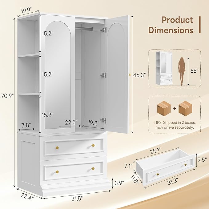 LIKIMIO Armoire Wardrobe Closet with Full Length Mirror, 2 Drawers, 71" Freestanding Bedroom Armoire with 3 Open Shelves, 3 Side Hooks & Hanging Rod, Clothing Storage Cabinet for Bedroom, White
