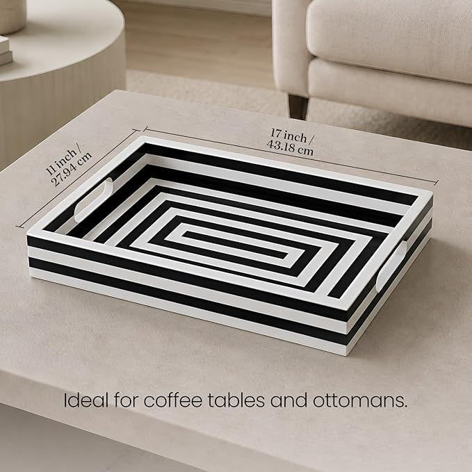 Handicrafts Home Decorative Tray for Coffee Table, Black and White Concentric Ottoman Tray 17 x 11 Inch, Handmade Resin Inlay Centerpiece Tray for Living Room, Modern Serving Tray for Home Decor