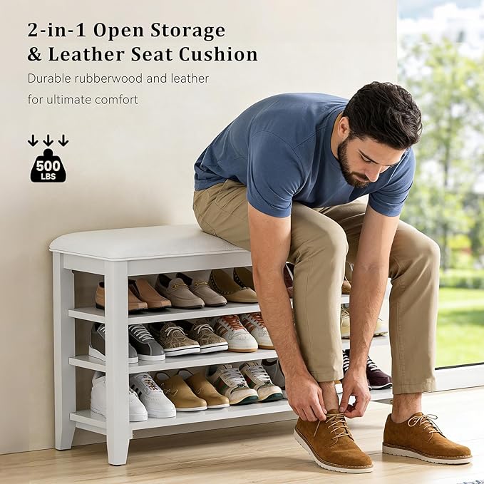 Entryway Shoe Storage Bench with Leather Cushion, Shoe Organizer Bench for Entryway, Ideal for Hallways Front Doors Entrances Mudrooms Featuring Rubberwood And 3 Height-Adjustable & Removable Shelve