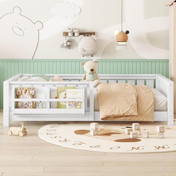 Bellemave Twin Size Kids Montessori Bed with Bookshelf,Solid Wood Twin Floor Bed Frame with Fence and Slats for Girls Boys,Low-Profile,White
