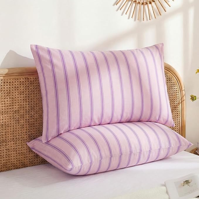 Merryword 100% Cotton Pillow Cases, Standard Size Pillowcases, Pink & Purple Striped Pillowcases, Luxury Linen Like Pillowcase, Soft Breathable Engineered Stripes Pillow Covers, Set of 2
