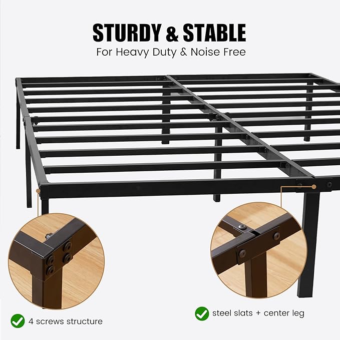 Heavy Duty Metal Bed Frame Queen Size 60" W 80" L 14" H inch with Storage Mattress Foundation Steel Slats Platform Easy Assembly Black