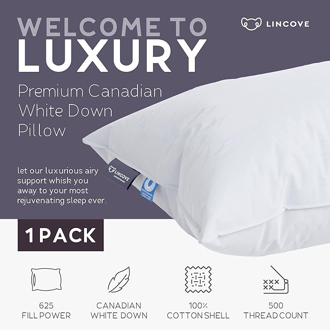 Lincove Cloud Natural Canadian Down and Waterfowl Feather Pillow, White Luxury Sleeping Pillow - 625 Fill Power, 500 Thread Count Cotton Shell, Made in Canada, Standard - Soft, 1 Pack