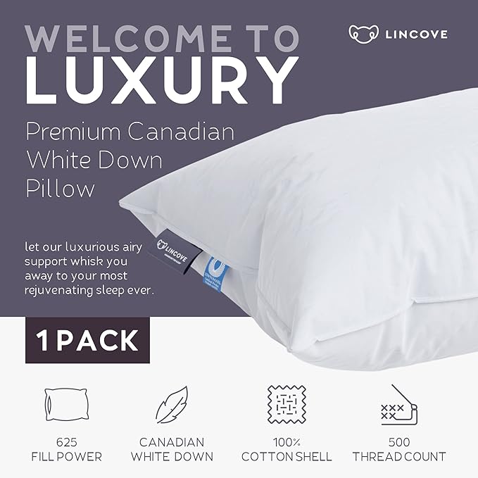 Lincove Cloud Natural Canadian Down Pillow, White Luxury Sleeping Pillow - 625 Fill Power, 500 Thread Count Cotton Shell, Made in Canada, King - Medium, 1 Pack