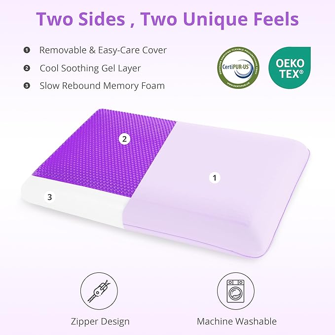 Gelsea Cooling Gel Memory Foam Pillow - Reversible Design, Neck Support for Side, Back, Stomach Sleepers, Standard Size, Removable & Machine Washable Cover, Pressure Relief for Hot Sleepers, Purple