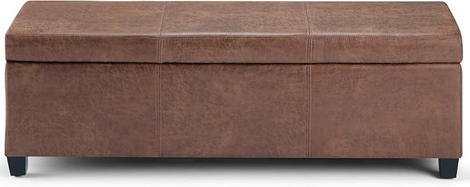 SIMPLIHOME Avalon Storage Ottoman Bench - 48" Wide x 16" High Upholstered Vegan Leather Rectangular Lift-Top Ottoman in Distressed Umber Brown, Contemporary Storage Bench with High-Density Foam