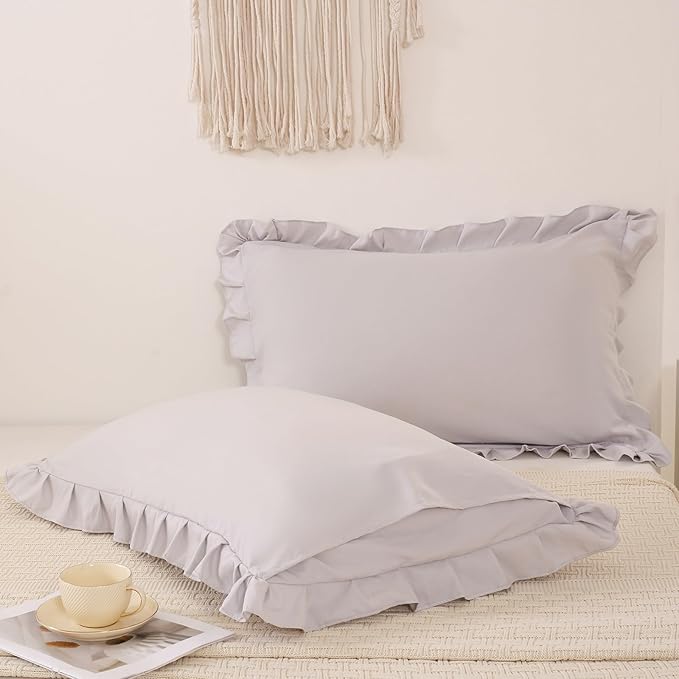 Beige Gray Pillow Shams Cute Ruffle Queen Pillowcases Solid Pillow Cover Set of 2 Shabby Chic Soft Light Gray Pillowcases 2 Pack (Queen (20''x30''), Beige Gray)