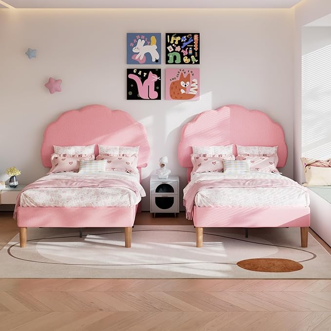 VECELO 2 Set Twin Size Bed Frame, Upholstered Platform Bedframe with Height Adjustable Plush Fabric Headboard, Strong Wood Slat Supports, No Box Spring Needed, Pink