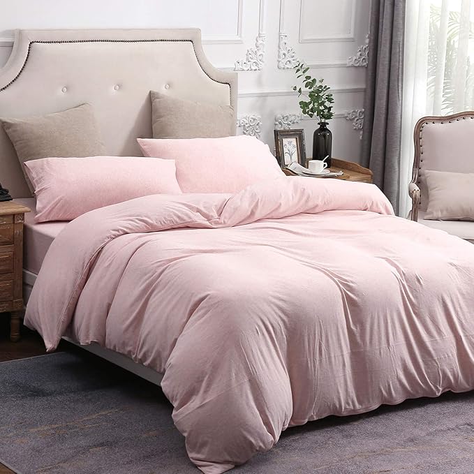 PURE ERA Jersey Knit Duvet Cover Set 100% T-Shirt Cotton Super Soft Comfy 3pc Bedding Set with Zipper Closure (Heather Pink, King)