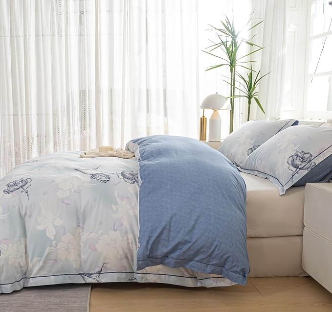 OAITE Duvet Cover Set Twin Size Floral Pattern 500 Thread Count Ultra Soft 100% Cotton Duvet Cover Sets 3-PC, Breathable Duvet Cover with Zipper Closure & Corner Ties