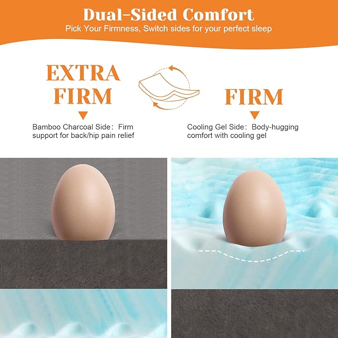 Extra Firm Mattress Topper King Size 4 Inch, Cooling Egg Crate Gel+Bamboo High Support Mattress Pad with Removable Cover, Bed Topper for Pain Relief,No Smell,CertiPUR-US, 79 * 75