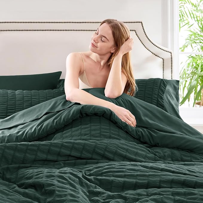 CozyLux Twin XL Comforter Set with Sheets Seersucker Forest Green 5 Pieces Bed in a Bag, Twin Extra Long Luxury Bedding Sets for College Dorm with Down Alternative Comforter, Sheets, Pillowcase & Sham