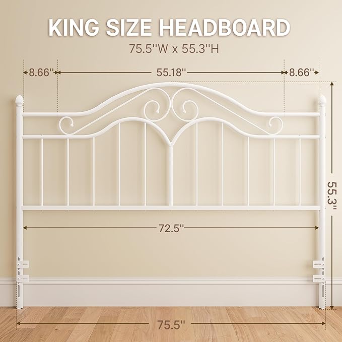 Elephance Headboard for King Size Bed Frame, Vintage Platform Bed Metal Headboard Only, Height Adjustable, Sturdy and Stable, King Size, Easy Assembly, White