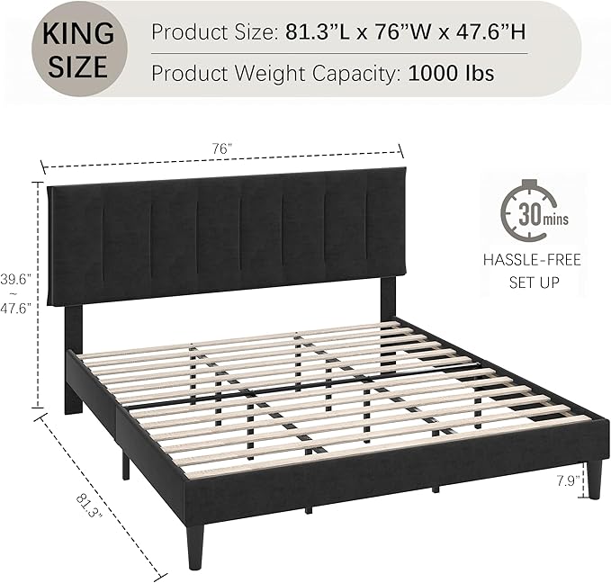 VECELO King Size Bed Frame with Upholstered Headboard, Heavy-Duty Bedframe with Strong Wooden Slats Support, No Boxing Spring Needed, Velvet & Black