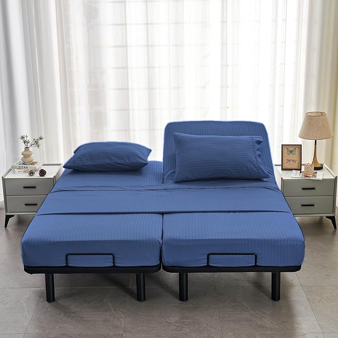 Kingnex Striped Split Queen Sheets for Adjustable Bed Soft 1800 Brushed Microfiber 5 Pieces Set Includes 2 30x80 Fitted Sheets with 14 Max Deep 1 Flat Sheet 2 Queen Size Pillowcases Navy
