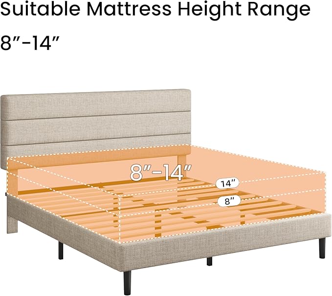 King Platform Bed Frame with Adjustable Linen Fabric Upholstered Headboard, Strong Slats Support, Noise-Free, No Box Spring Required, Easy Assembly for Bedroom Guest Room, Beige