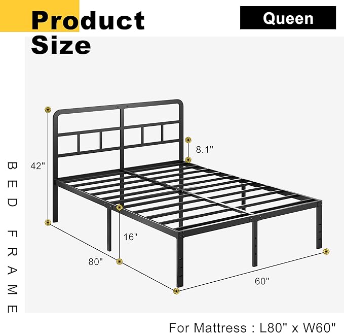DiaOutro 16 Inch Queen Bed Frame with Headboard No Box Spring Needed, Heavy Duty Metal Queen Size Platform with Steel Slat, Mattress Foundation, Easy Assembly, No Noise, Black