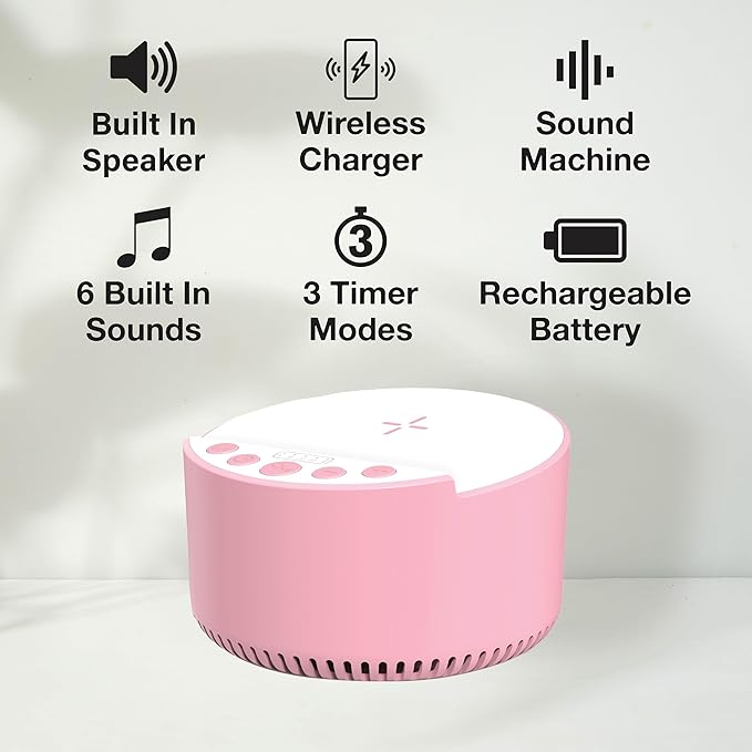 InnoVibeSound Machine with Wireless Charger & Bluetooth Speaker – White Noise Sleep Aid with Memory Function, 6 Soothing Sounds, 3 Timer Modes – Compact Bedside Relaxation Device, Pink
