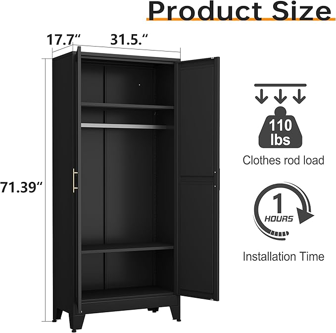 Metal Armoire Wardrobe Closet with Hanging Rod, Clothing Storage Cabinet with Adjustable Shelves for Laundry Room, Bedroom, Home Office, Bathroom, 71" Black