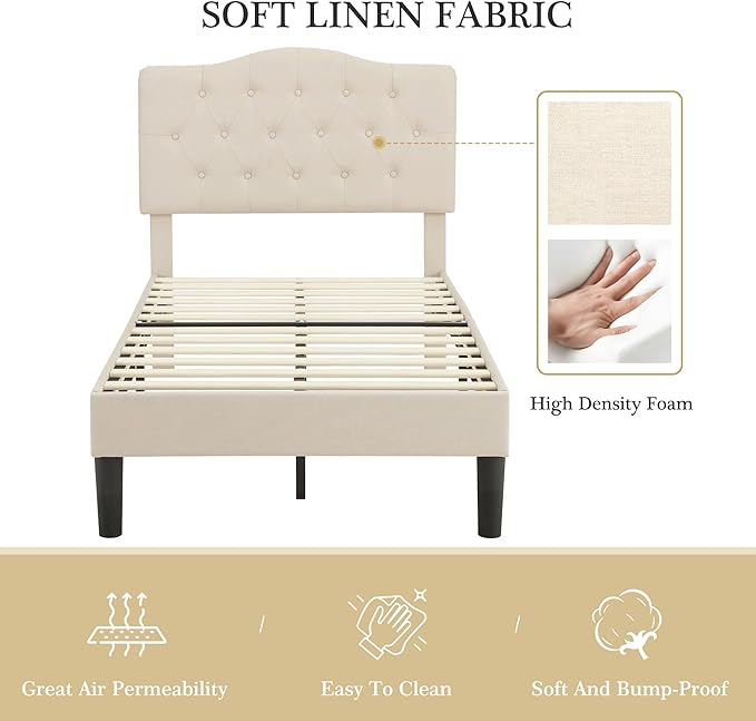 VECELO Twin Size Bed Frame Upholstered Platform with Tufted Adjustable Headboard/Mattress Foundation with Wood Slat Support, Easy Assembly,Beige