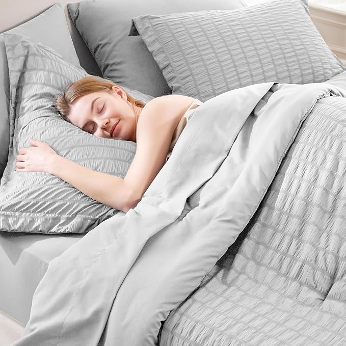 CozyLux King Size Comforter Set Light Grey Seersucker 7 Pieces Bed in a Bag King Comforter Set with Sheets, Light Gray Luxury Bedding Sets with Down Alternative Comforter, Sheets, Pillowcases & Shams