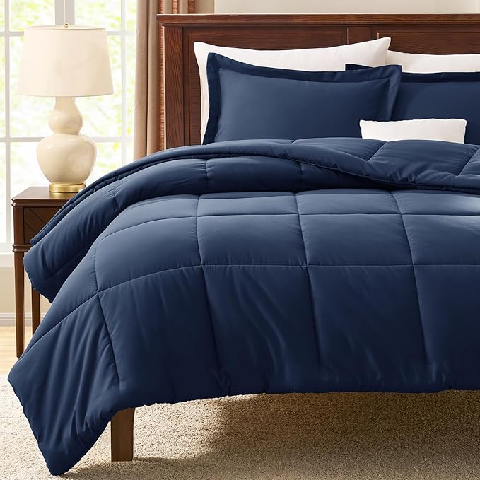 CozyLux Super King Plus Comforter Set, 270GSM Navy Blue Bedding Sets for All Seasons, 3 Pieces Box Stitched 128x120 Bed Set with 1 Down Alternative Comforter and 2 Pillow Shams, Soft, Lightweight