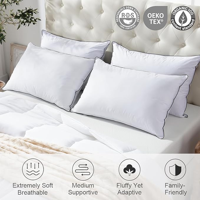 APSMILE Medium Firm Feathers Down Pillow King Size Set of 2, Luxury Feathers Pillow for Sleeping, 100% Organic Cotton Cover Hotel Bed Pillow for Side Sleeper (White, 20"x36")