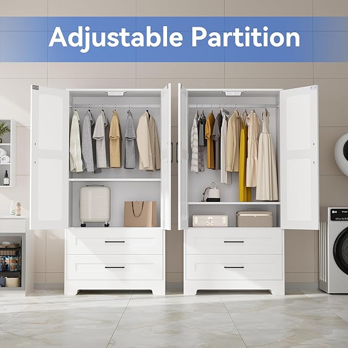 Wooden Armoire Wardrobe Closet, Wardrobe Cabinet with Door and Shelves, Freestanding Bedroom Armoires Clothing Storage Cabinet with Hanging Rod for Bedroom, Laundry Room, Cloak Room（White）