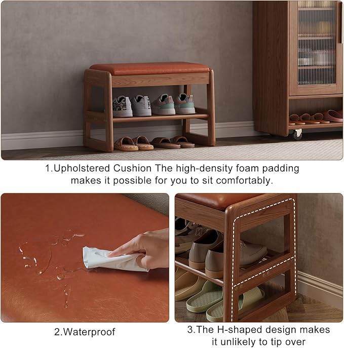 AQIMUELE Shoe Rack Bench,2 Tiers Shoe Bench with Storage with Flip-Top,Wood Shoe Rack for Entryway,Hallway（Orange Upholstered Seat,11.8" D x 23.62" W x 15.7" H）