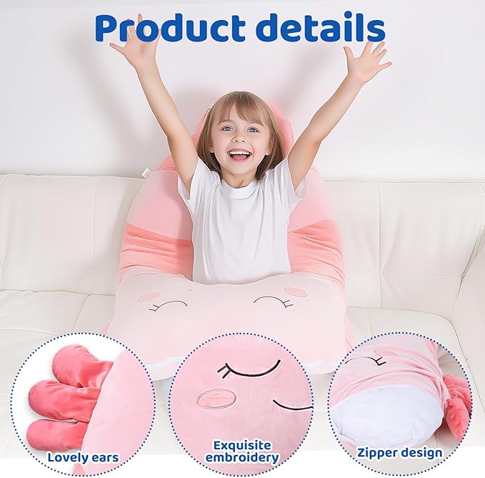 47x23 inch U Shaped Long Plush Body Pillows for Kids, Stuffed Animal Axolotl Soft Large Pillow for Sleeping, Big Cute Plushies, Washable Cover, Gift for Boys and Girls