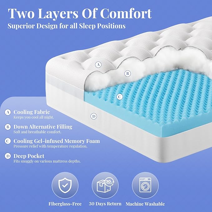 OhGeni Cooling 5 lnch King Size Dual Layer Mattress Topper, 3 Inch Egg Crate Gel Memory Foam, 2 Inch Breathable Pillow Top Pad, Bedroom Mattresses Cover, Extra Comfortable Sleep and Back Pain Relief